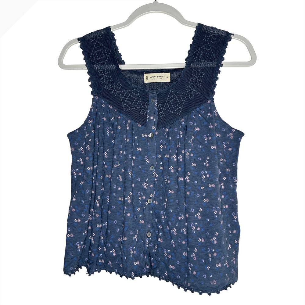 Lucky Brand Blue‎ Floral Sleeveless Button Down Mesh Yoke Top XS Relaxed Fit